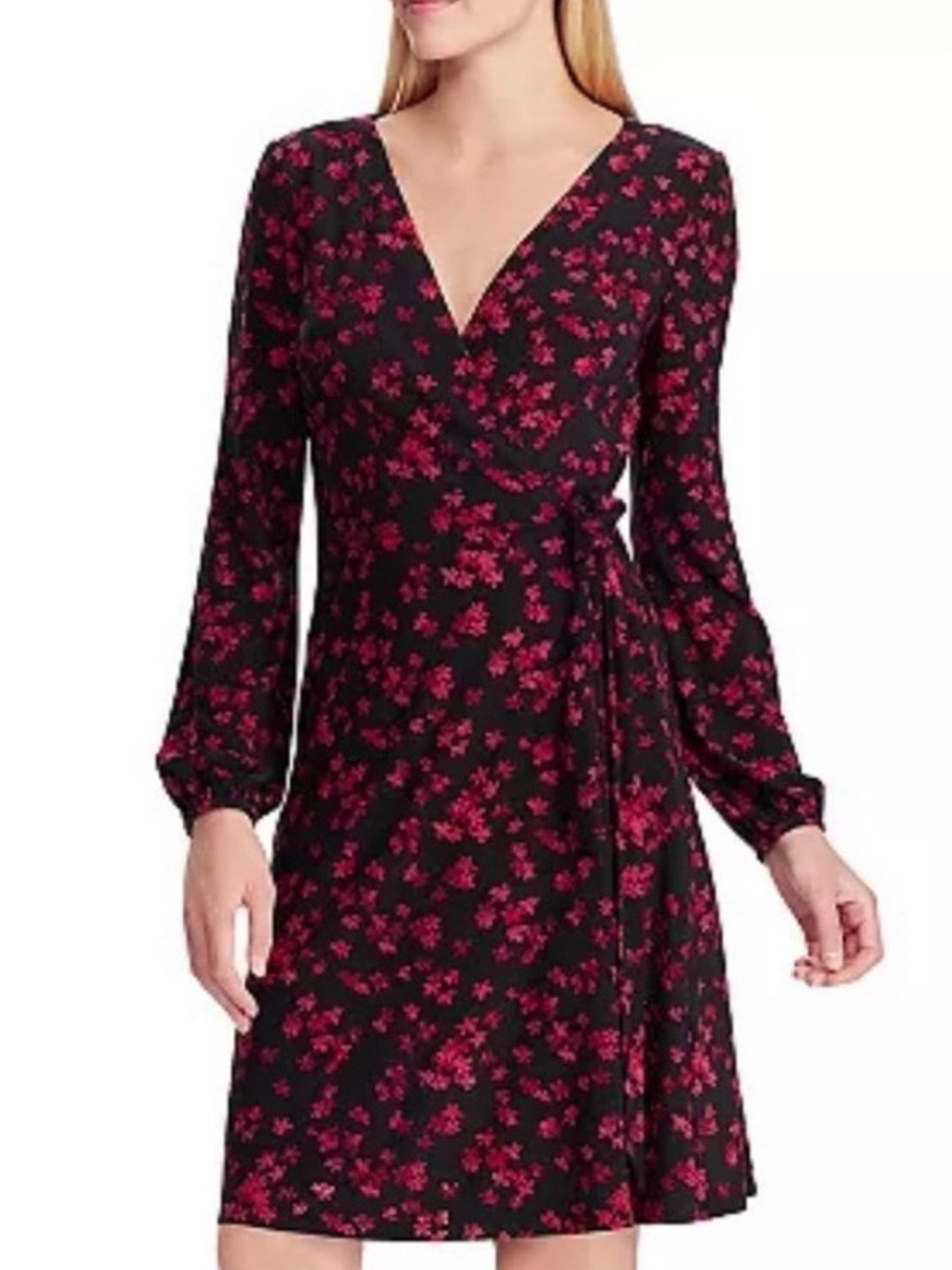 Chaps Black Dress with Magenta Floral Print - Long Sleeve Wrap